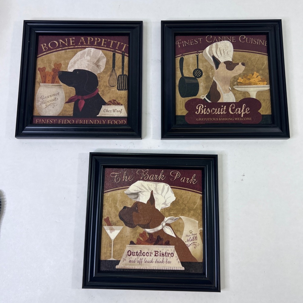 Set of 3 Dog Chef Framed Wall Art Bone Appetit Biscuit Cafe Bark Park 9.5x9.5